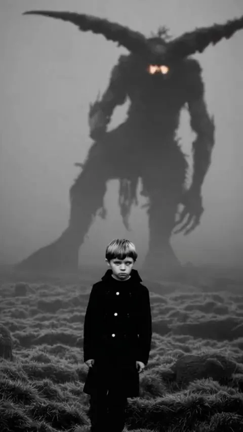 Black and white: a boy in the fog, a giant behind him