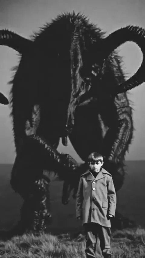 Black and white: a horned giant leaning over a boy