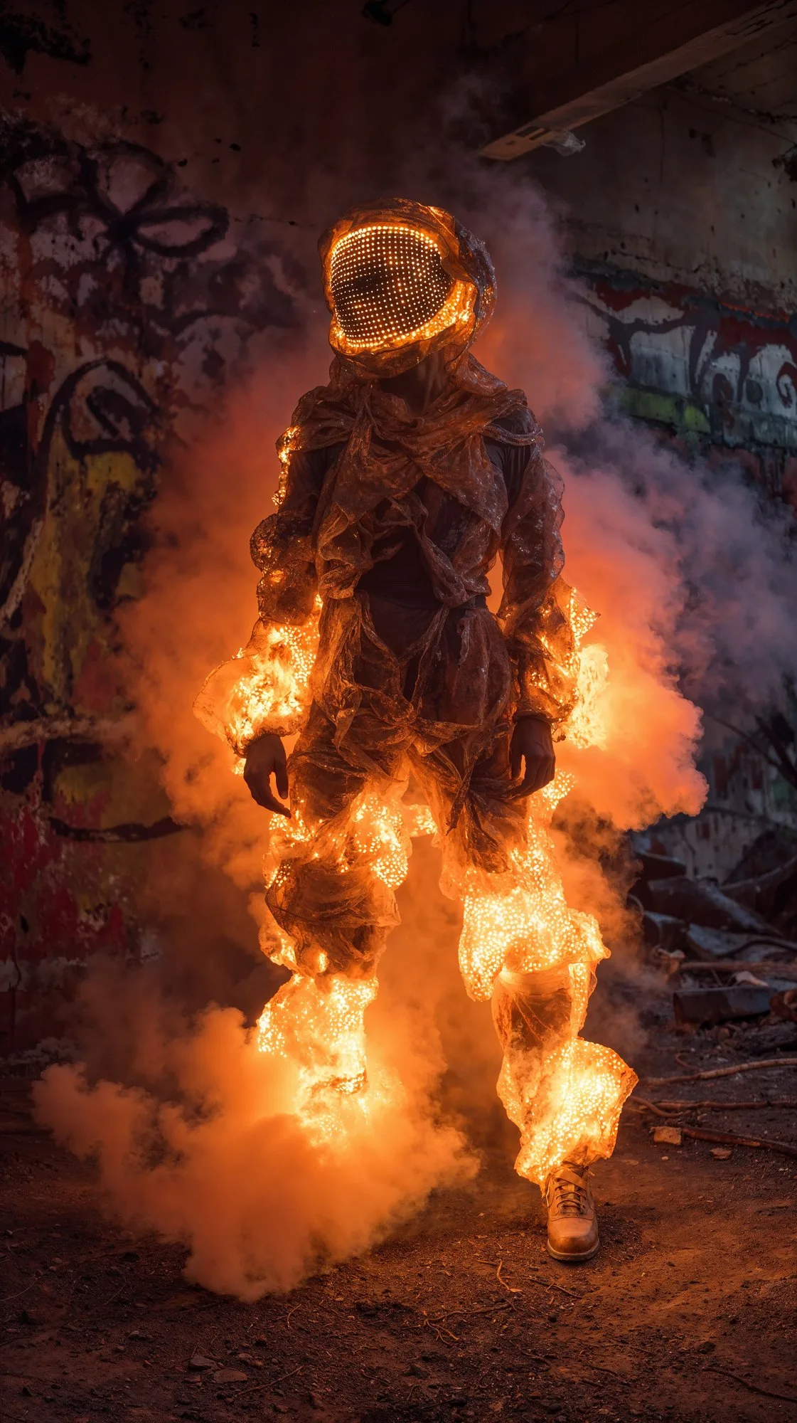 A figure engulfed in flames with a burning halo