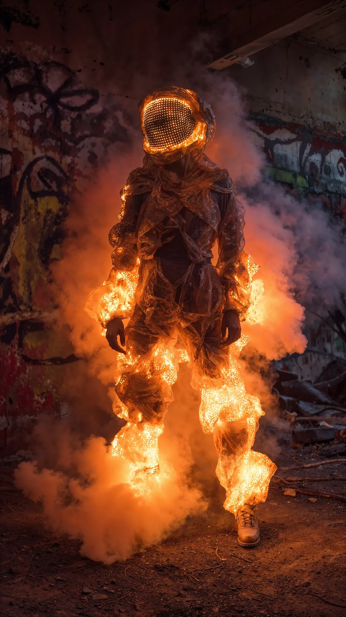 A figure engulfed in flames with a burning halo