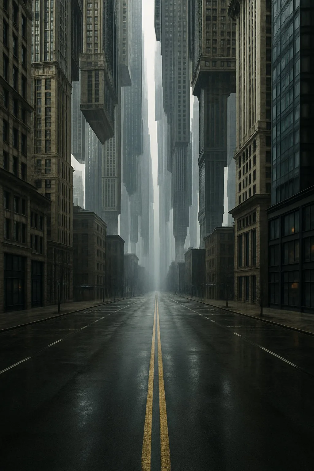 A street canyon of towers fading into rain