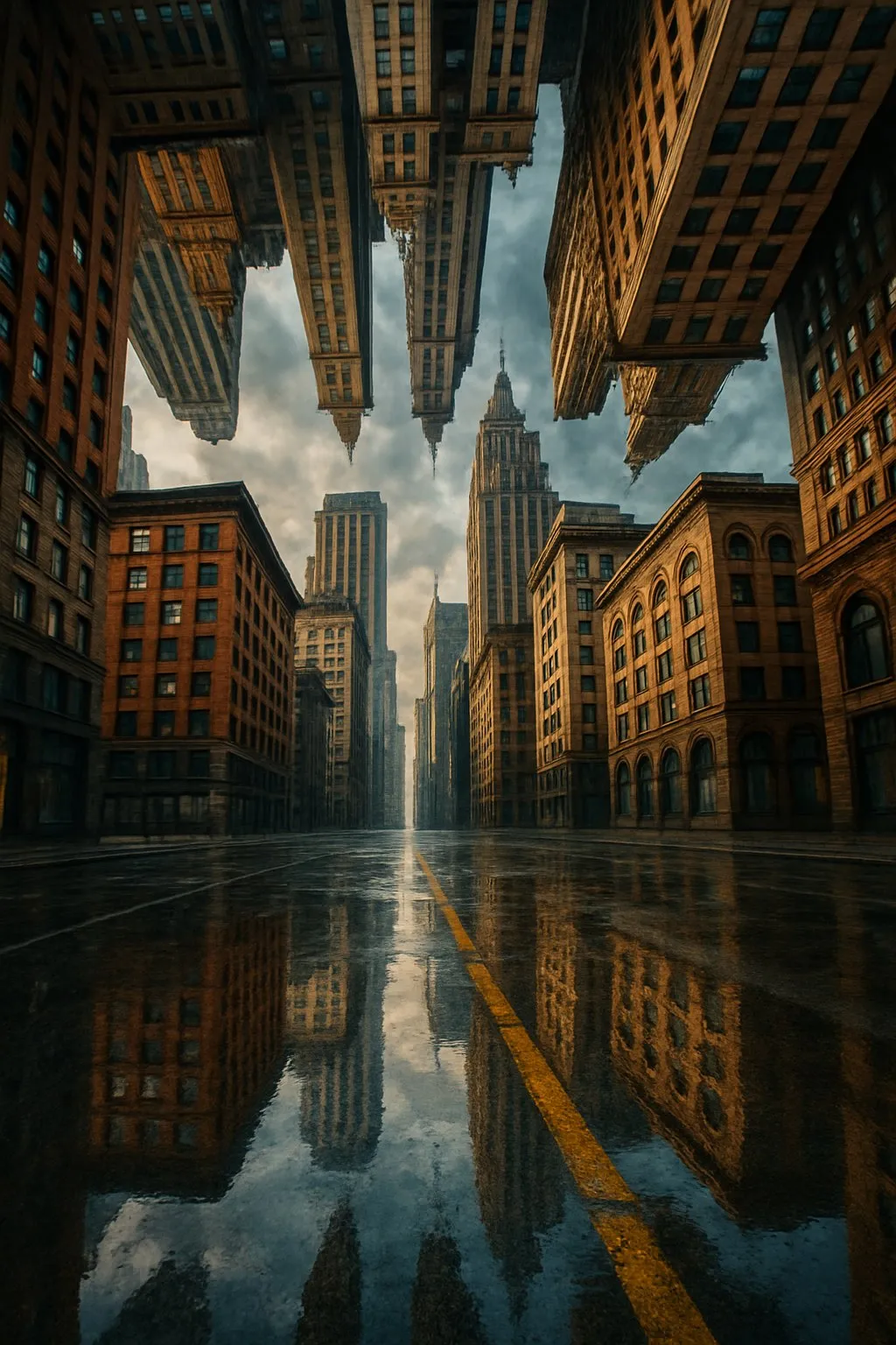 Upside-down towers mirrored in a flooded street
