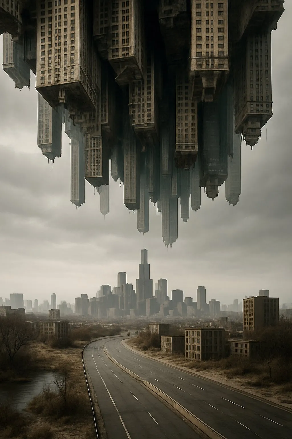 A city hanging upside down above an empty highway