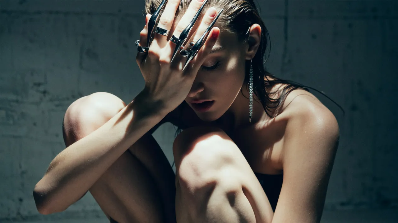 Black and grey: a woman crouched in a concrete room, steel claws over her face