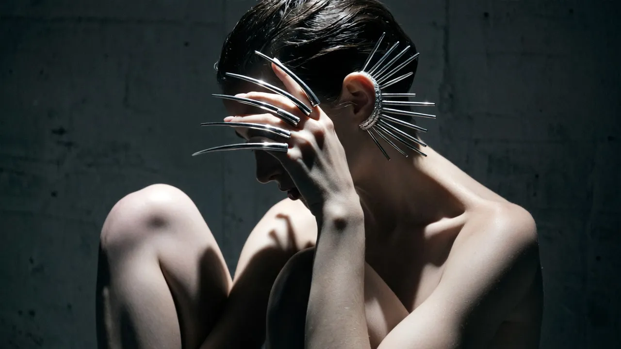 Black and grey: a crown of steel spikes and claws around a bowed head