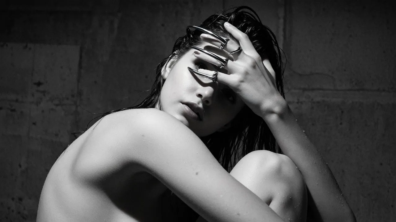 Black and white: a woman hiding her eyes behind steel claws