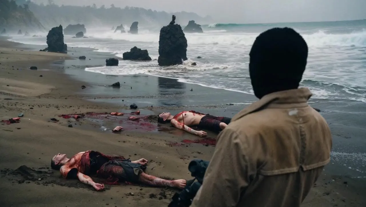 A masked man on a beach of bodies