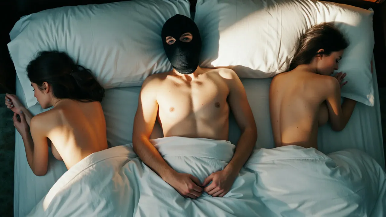 A masked man lying in bed between two sleeping women