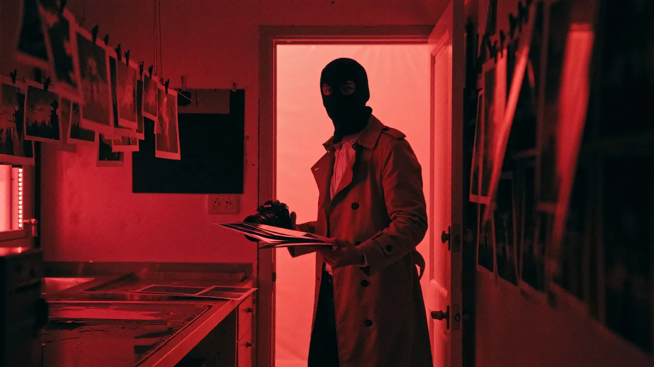 A masked man in a red darkroom