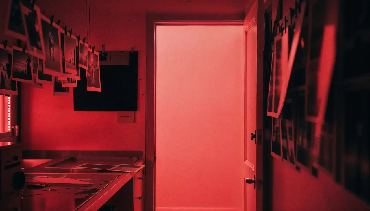 A devil-masked gunman bursting into a red darkroom