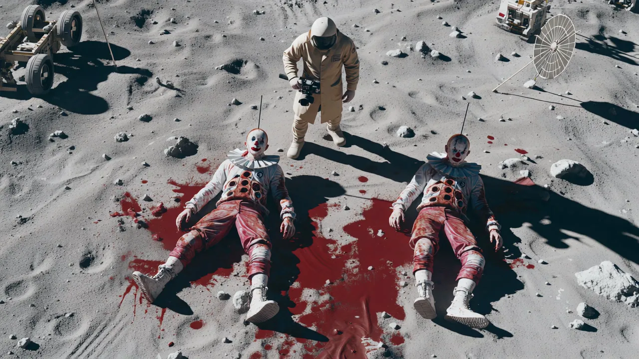 A crime scene on the moon: astronauts lying in red dust