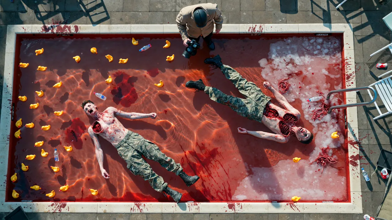 A blood-red swimming pool full of rubber ducks and bodies, seen from above