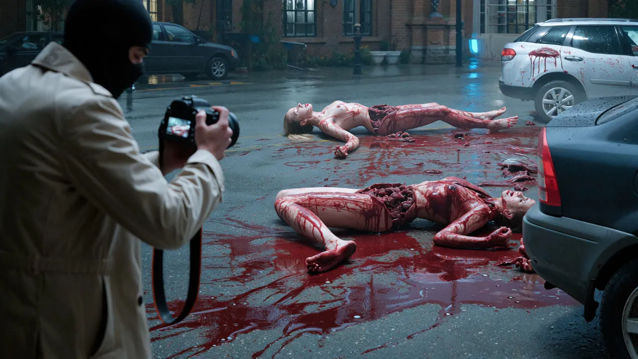 A masked photographer shooting bodies on a rainy street