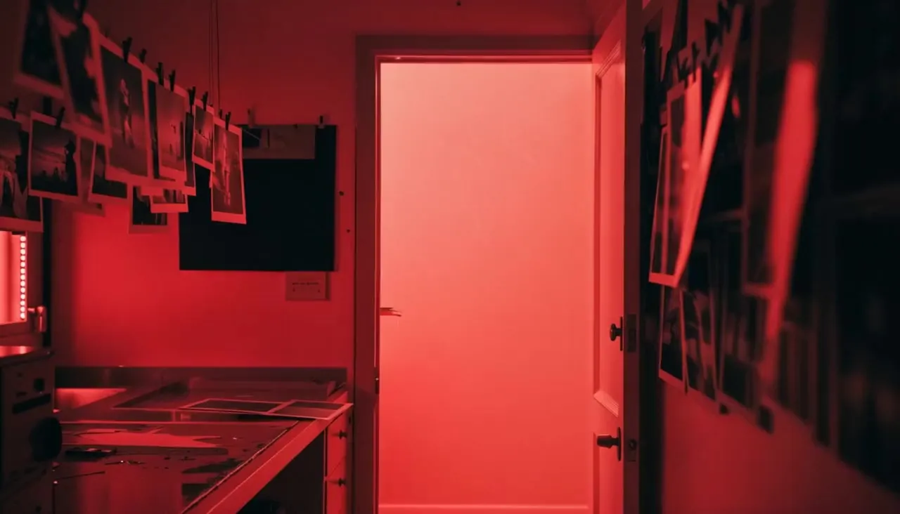 A masked man walking into a red darkroom