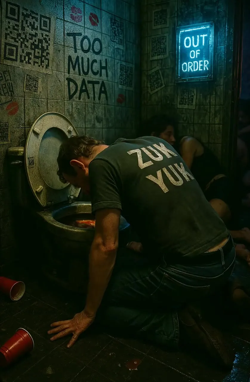 A man slumped over a toilet under a sign reading “too much data”
