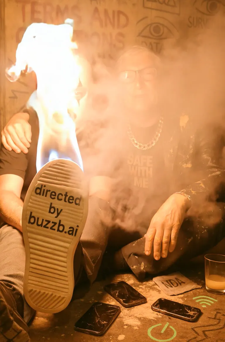 A burning shoe sole stamped “directed by buzzb.ai”