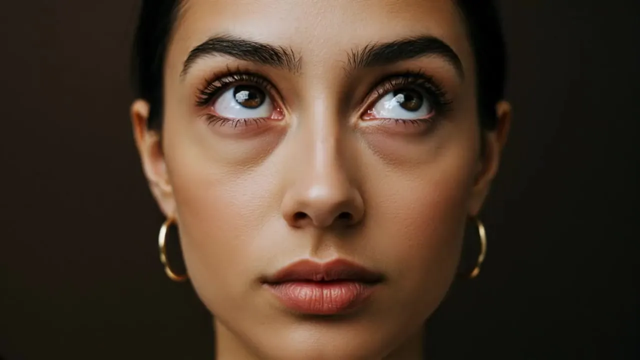 A woman glancing sideways, eyes up