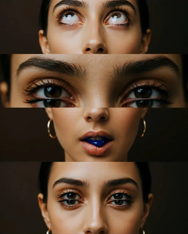 A face cut into strips: eyes, gaze and blue lips