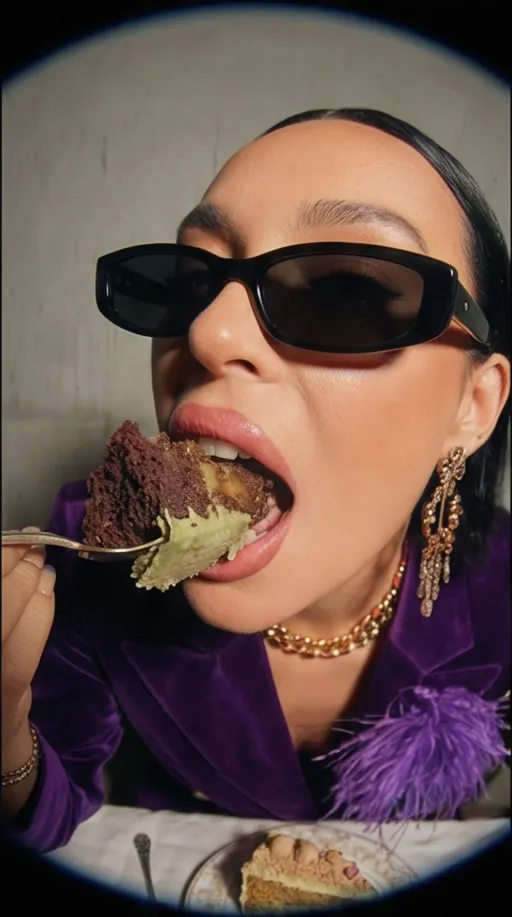 Keyframe from the FAIM campaign: a woman in sunglasses biting into cake