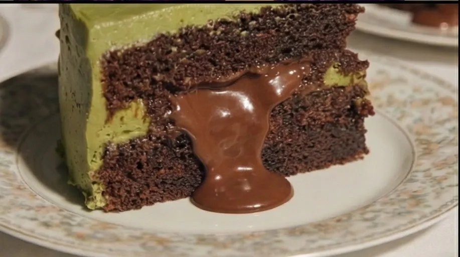 Keyframe from the FAIM campaign: a slice of chocolate pistachio cake
