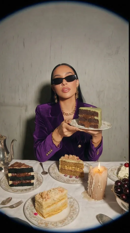Keyframe from the FAIM campaign: sunglasses, velvet and a table of cakes