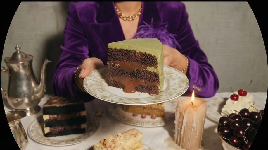 Keyframe from the FAIM campaign: a woman in purple velvet serving cake