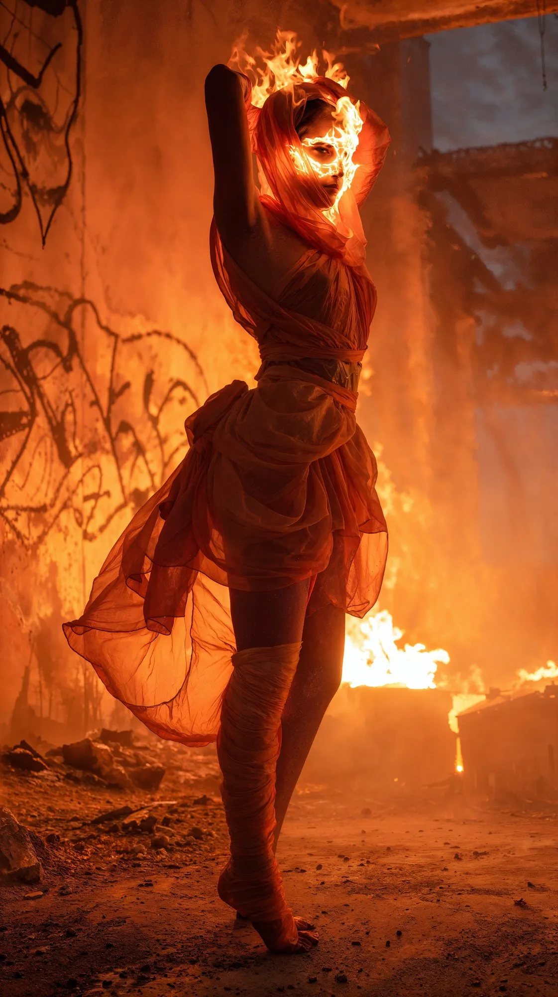 A dancer made of fire in a burned-out warehouse