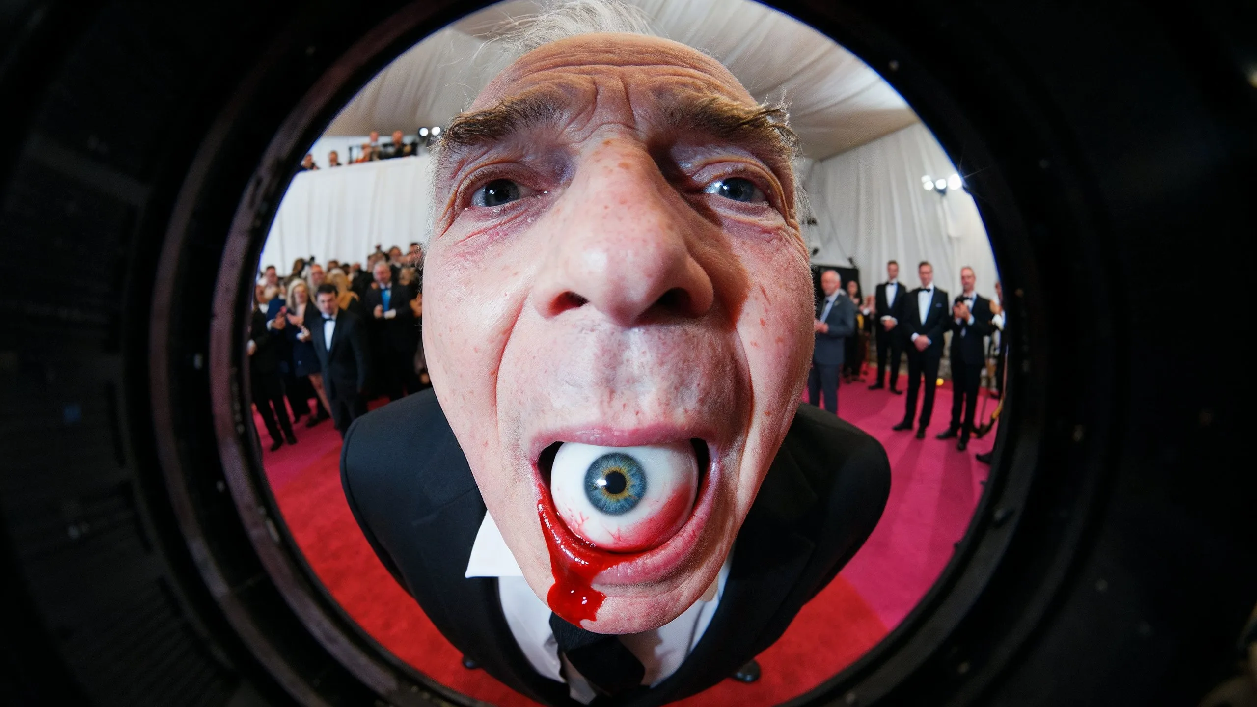 Fisheye close-up: a man with an eyeball in his mouth