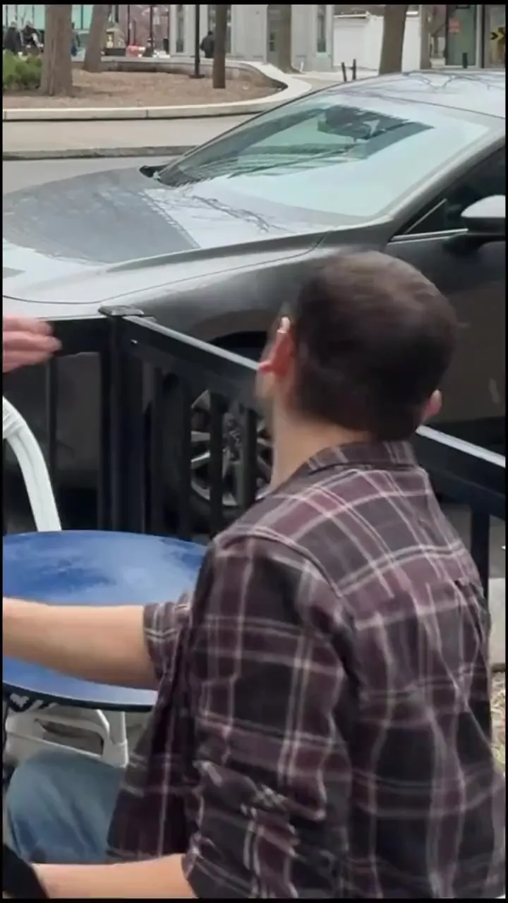 Flowers bursting out of a man’s head in a parked car