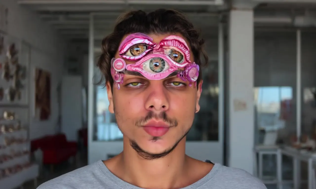 A pink many-eyed creature on a man’s forehead, driven by a real performance