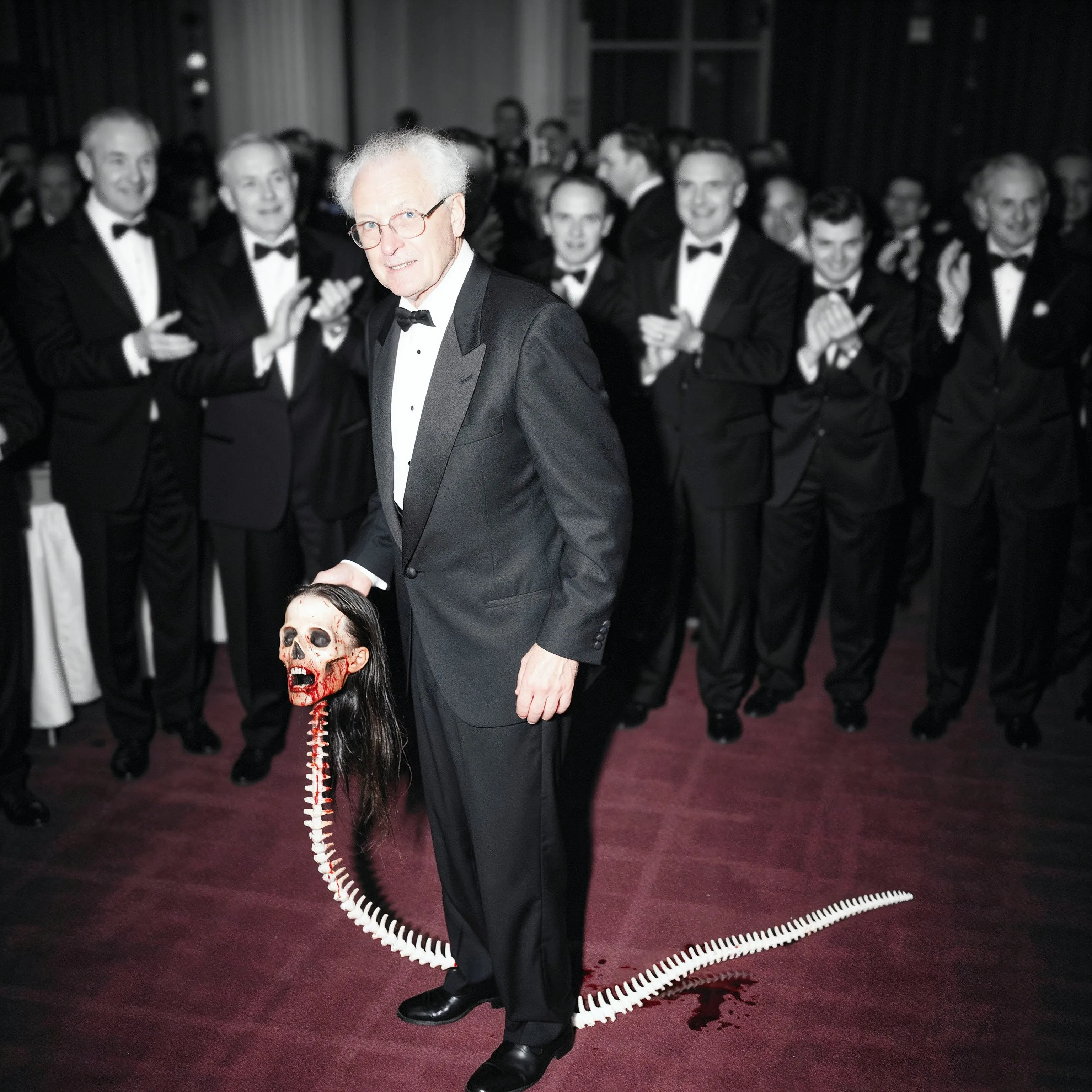 Black and white gala: a man carrying a severed head on a spine