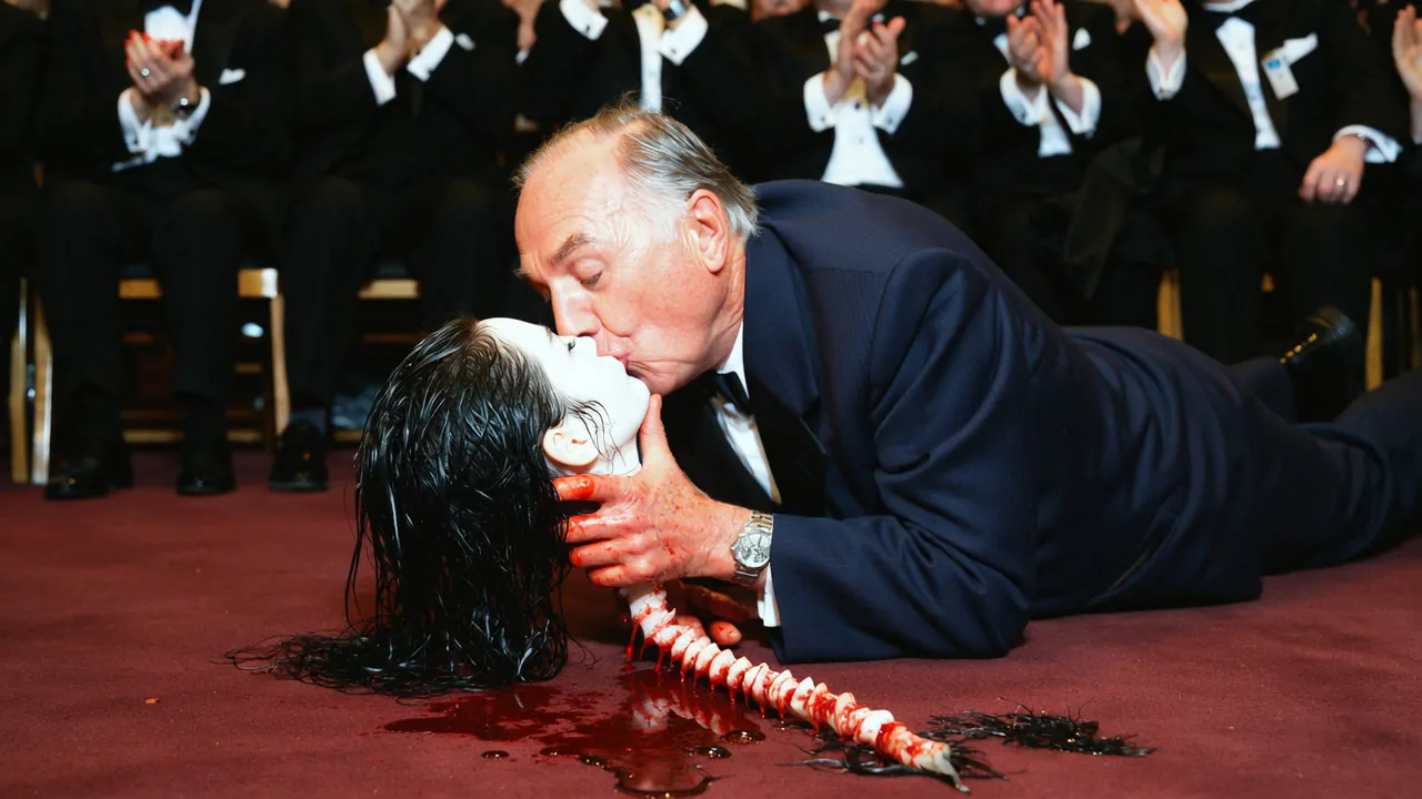 A man in a tuxedo kissing a severed head as a gala crowd applauds