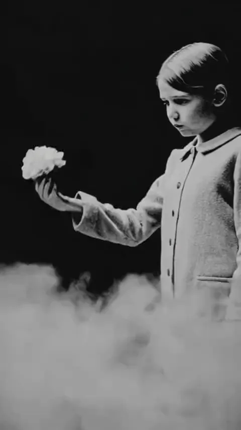 Black and white: a girl holding a flower above the fog
