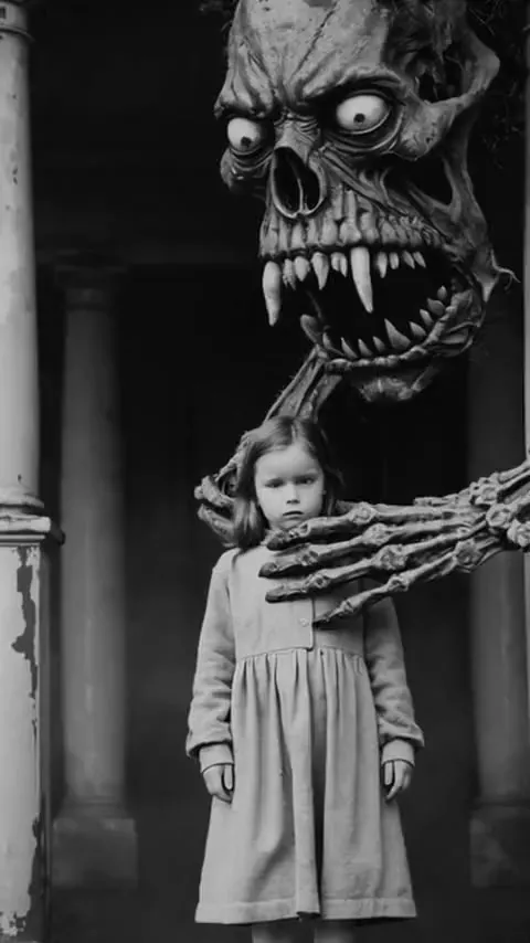 Black and white: a skeletal monster reaching for a girl