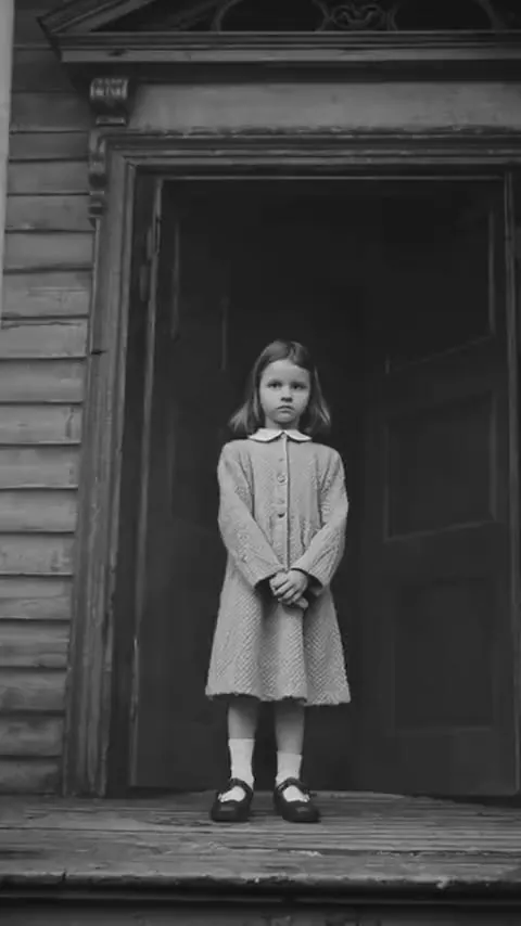 Black and white: a girl in a doorway, a beast behind her
