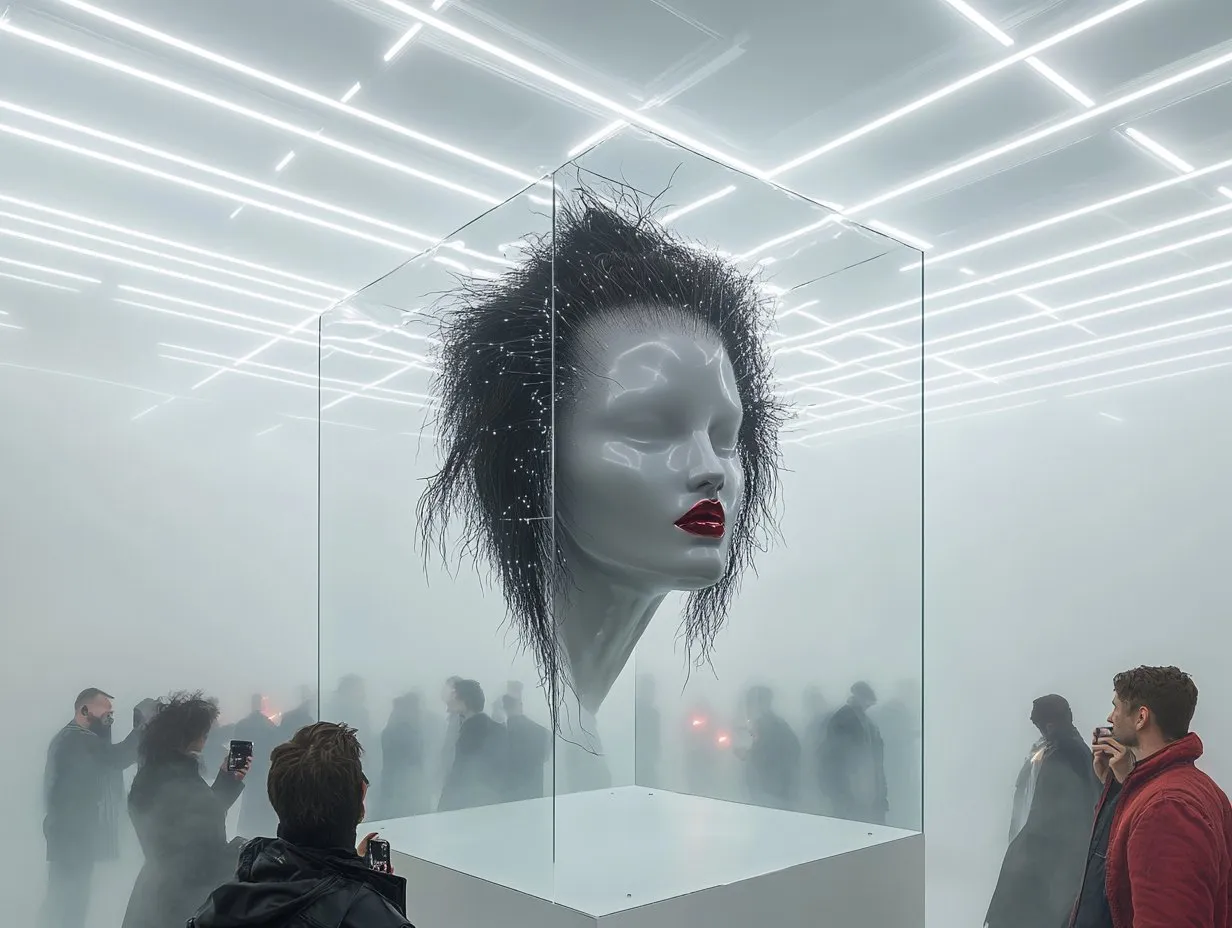 A mannequin head with wild hair in a glass case, visitors in the fog