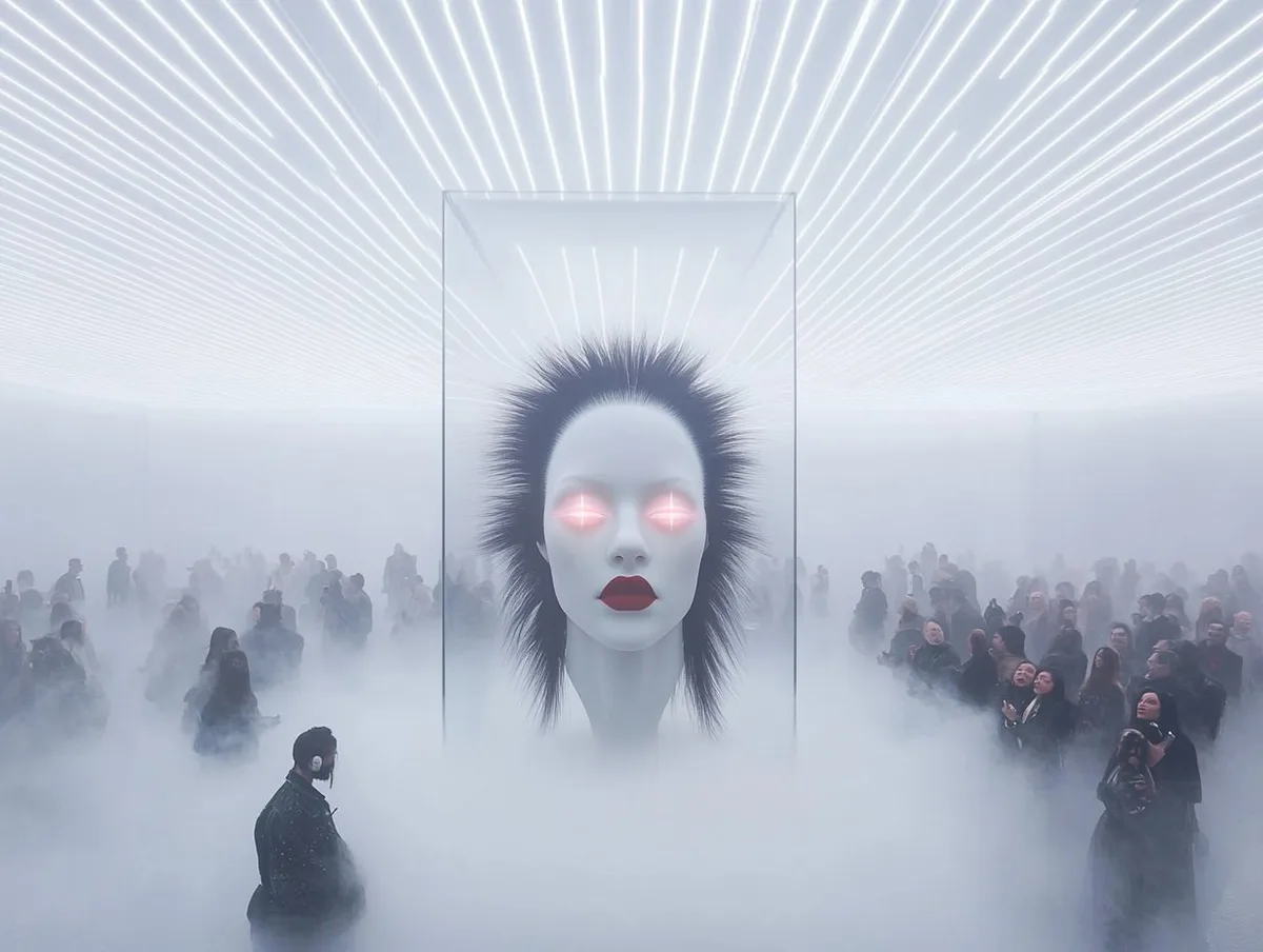 A mannequin head with glowing eyes floating above a crowd in white fog
