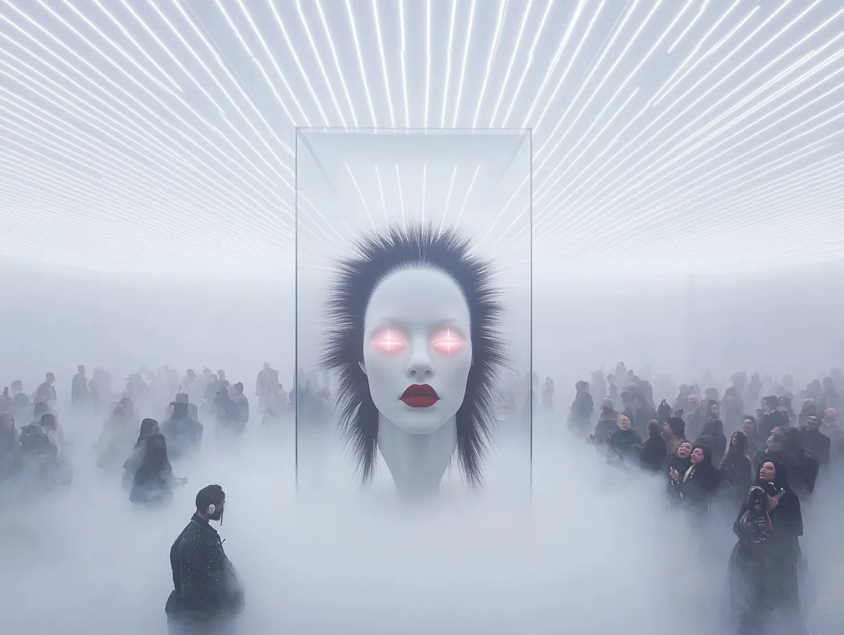 A mannequin head with glowing eyes floating above a crowd in white fog
