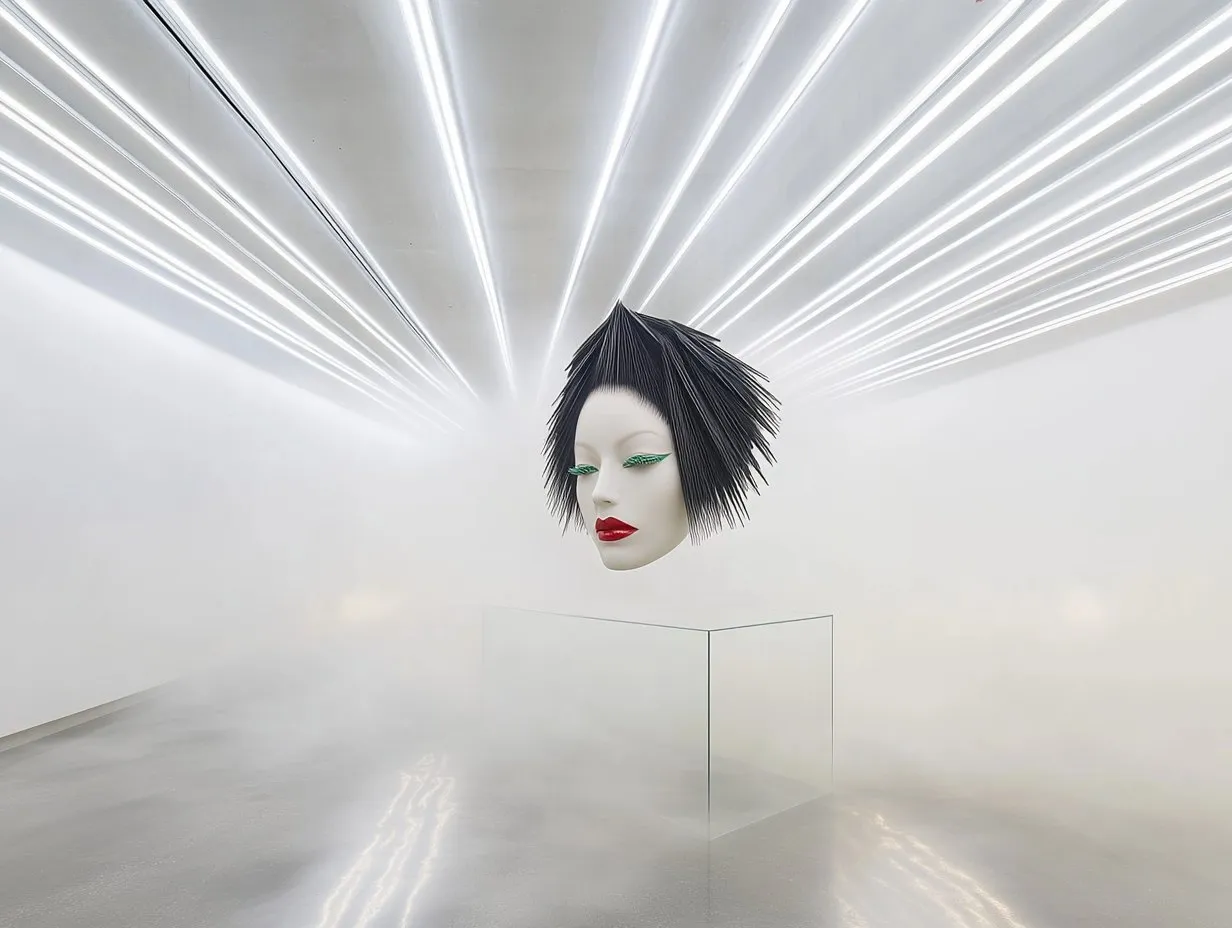 A floating mannequin head under rays of white light