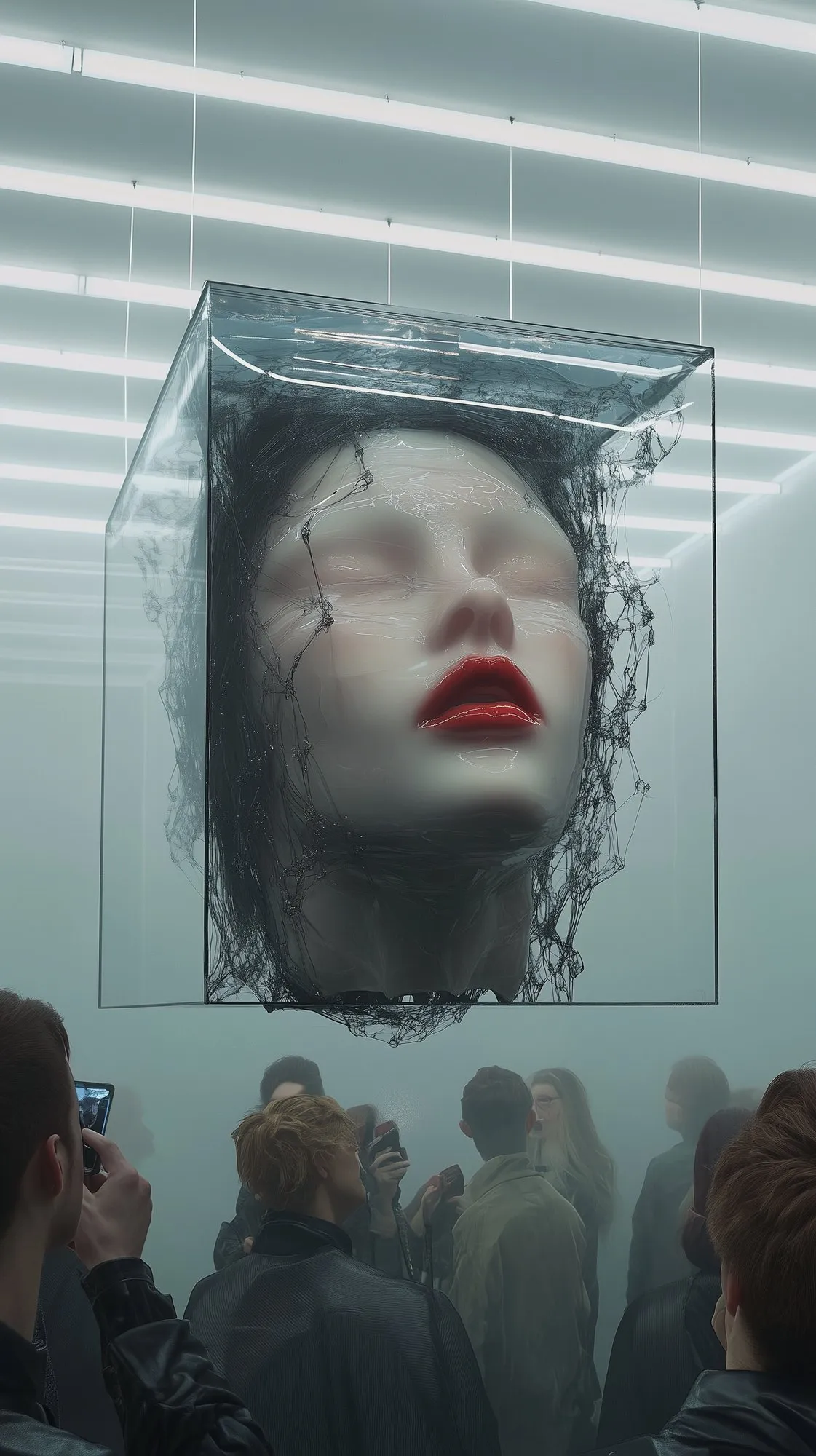 A mannequin head in a glass vitrine, photographed by a crowd