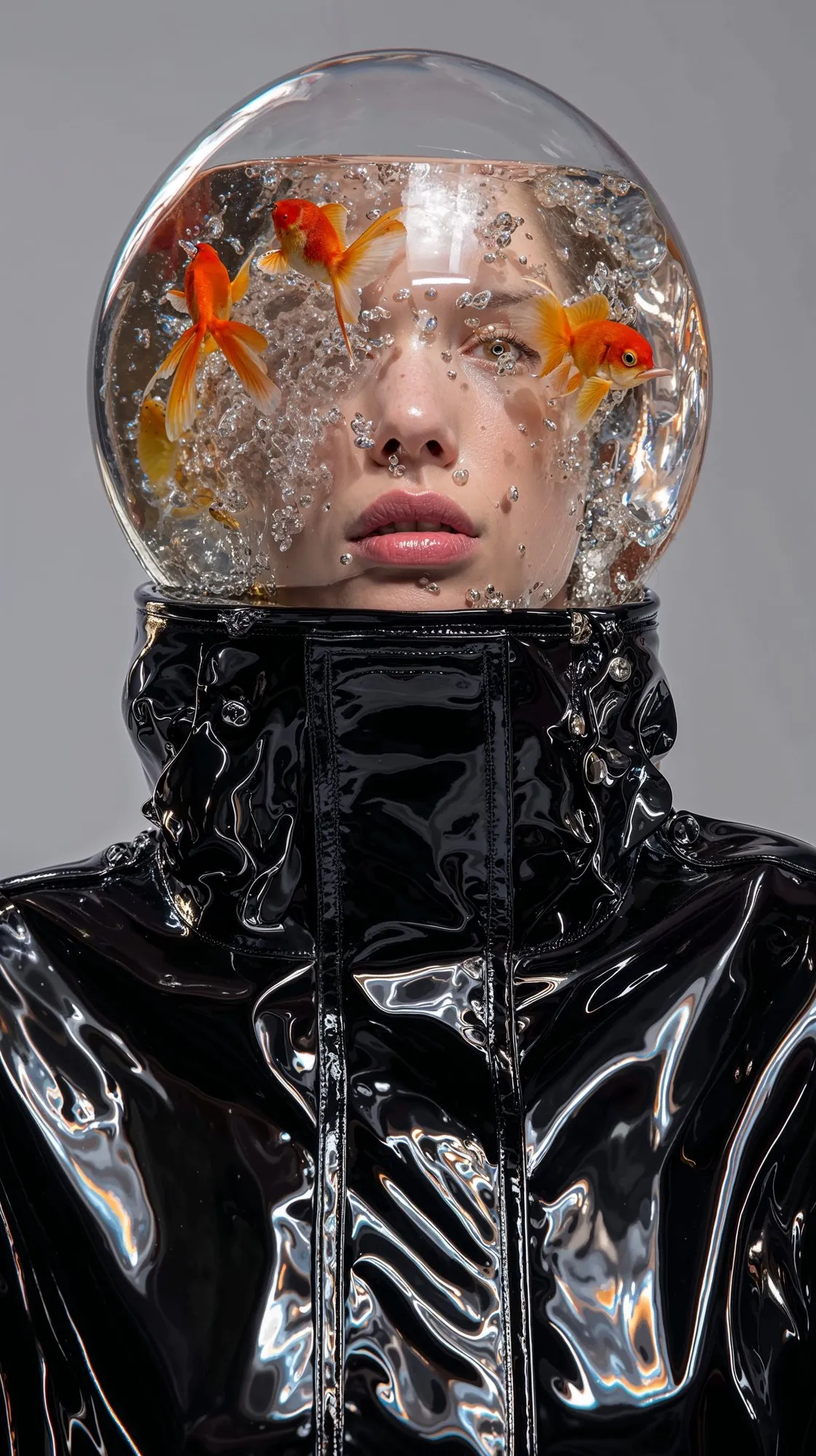 A model wearing a goldfish bowl as a helmet and a black vinyl coat