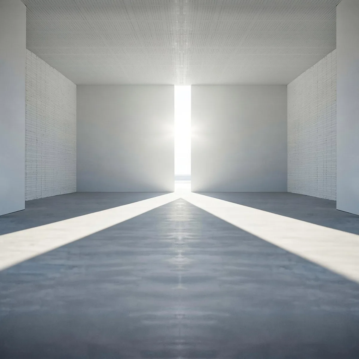 An empty white hall cut by a slit of light