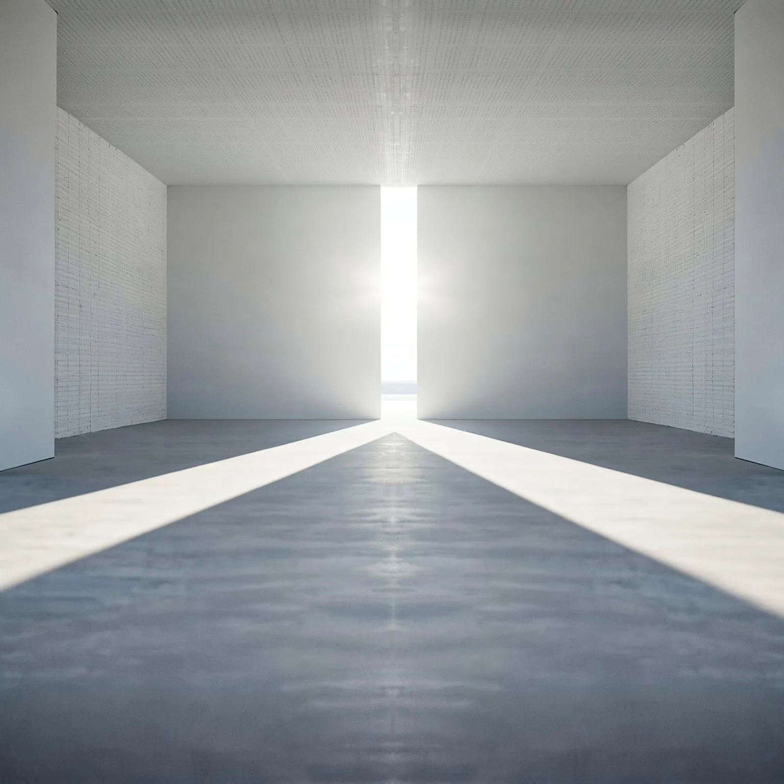 An empty white hall cut by a slit of light