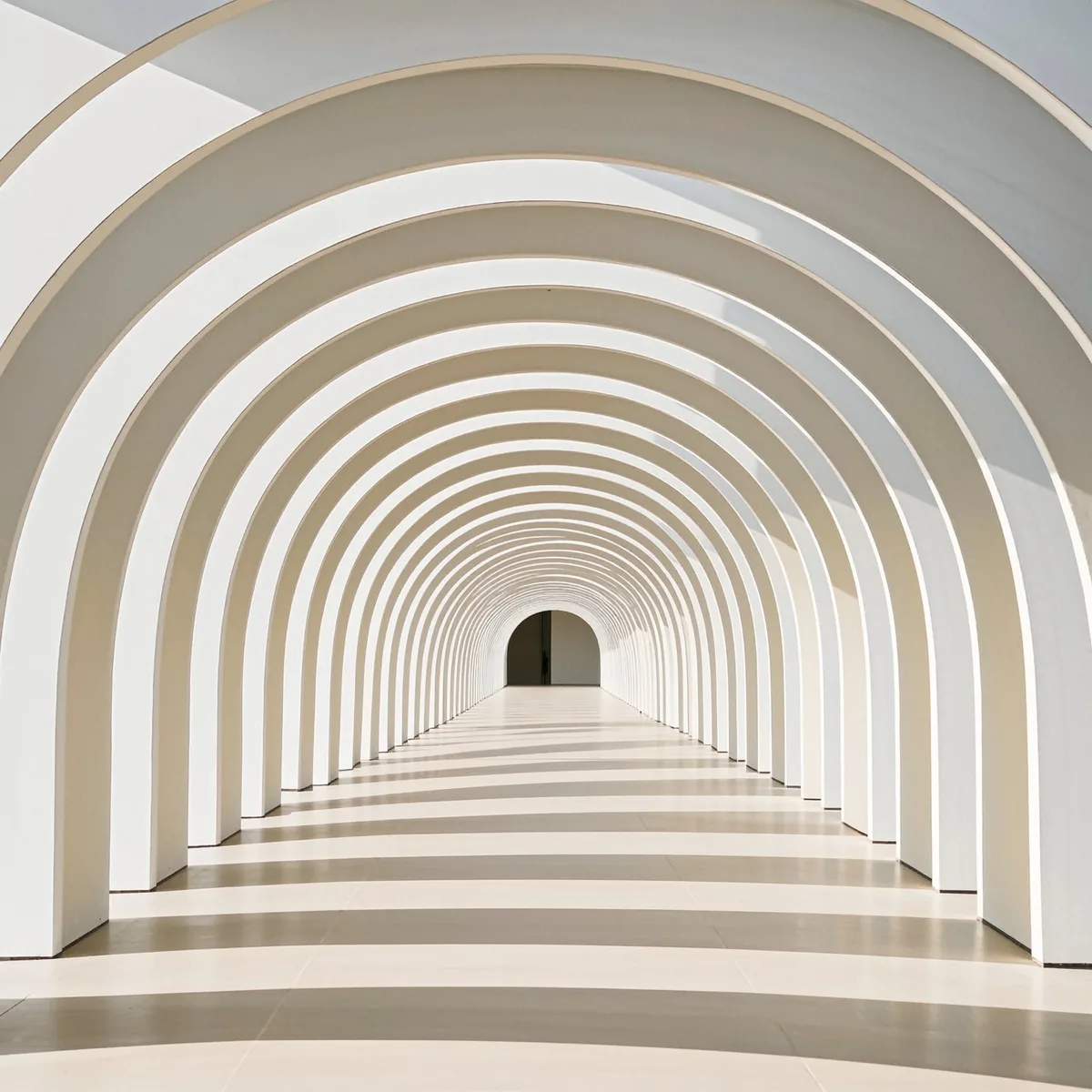A tunnel of white arches striped with sunlight