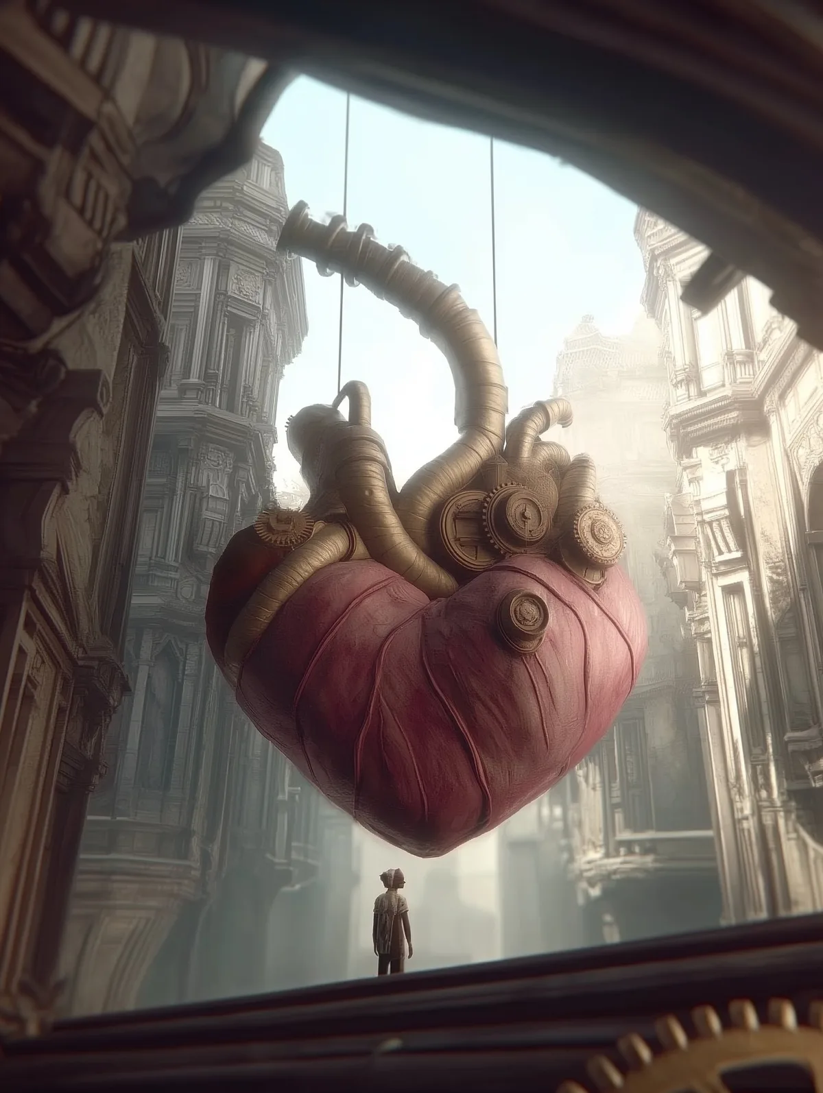 An anatomical heart hanging over a clockwork city