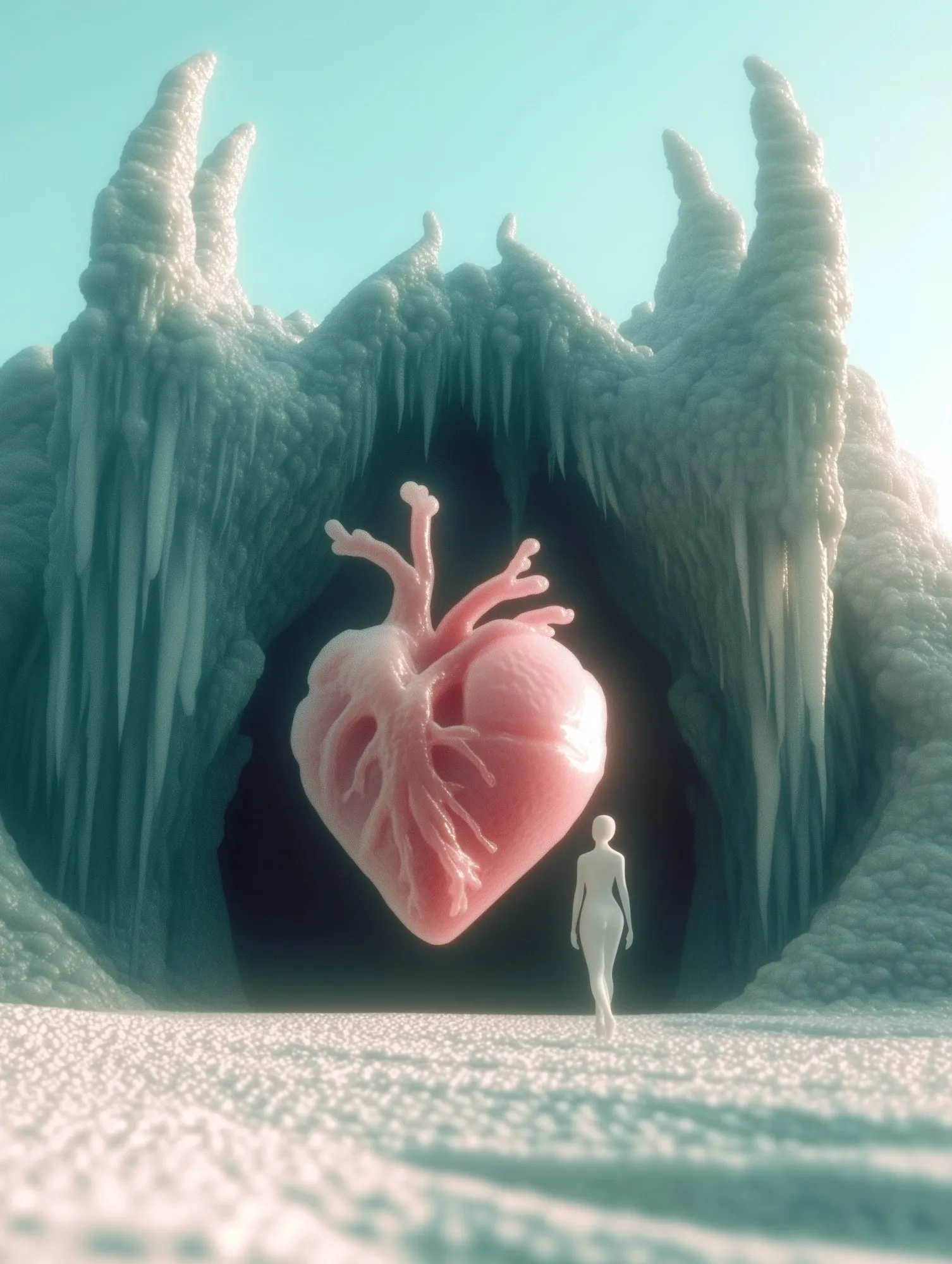 A pink heart glowing inside an ice cave, a small figure beside it