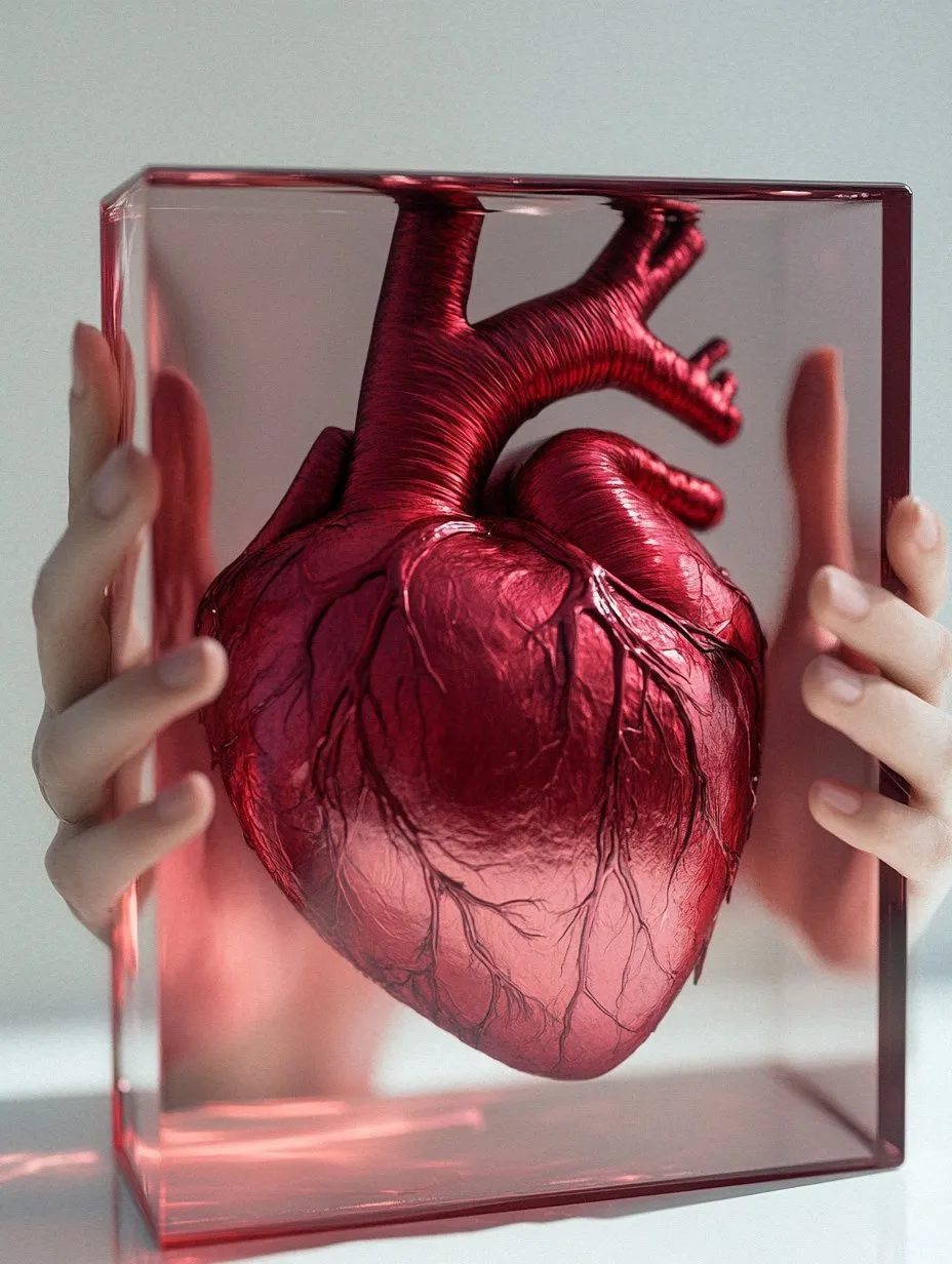 Hands holding an anatomical heart set in clear resin