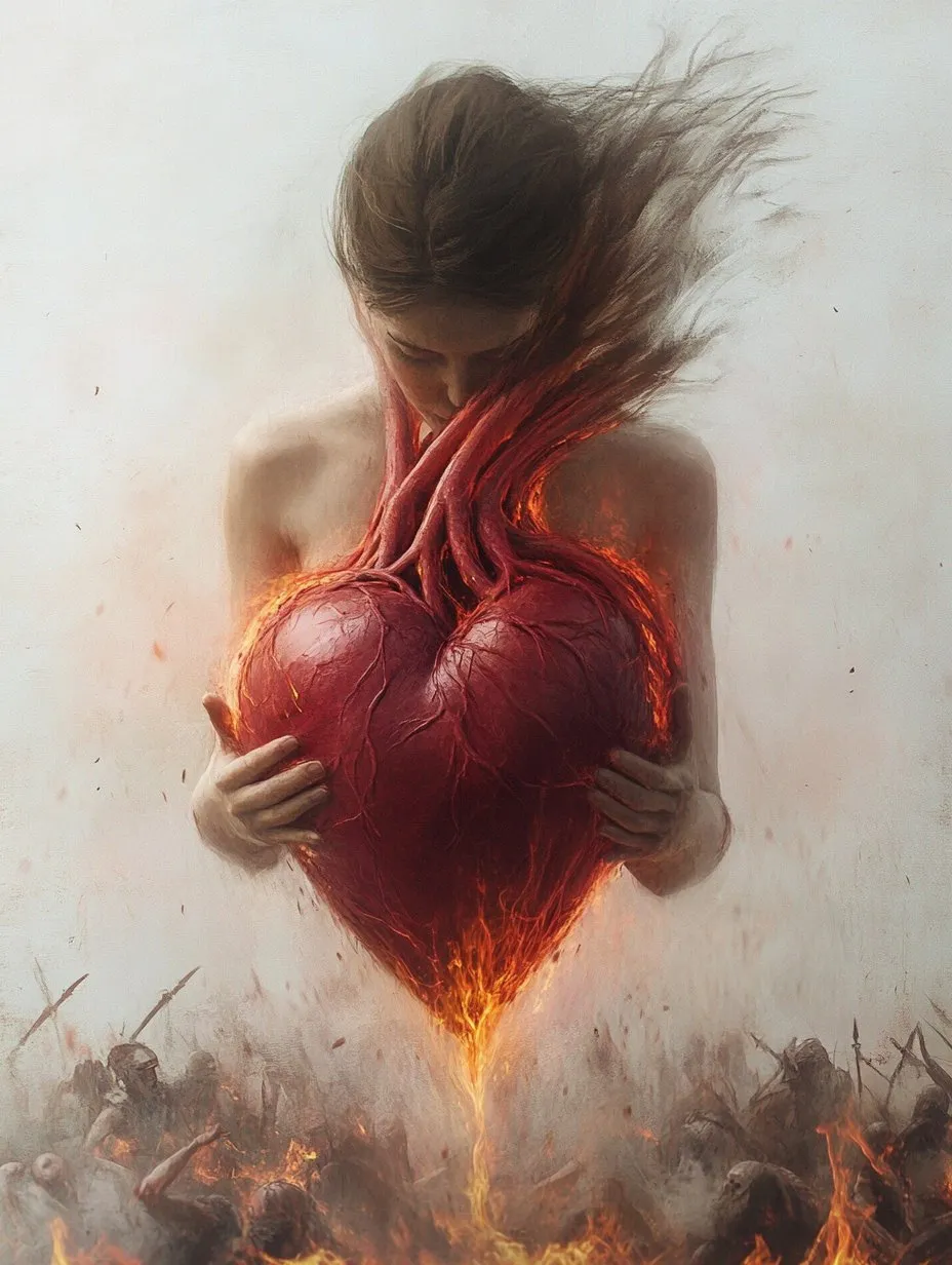 A woman holding a burning anatomical heart to her chest