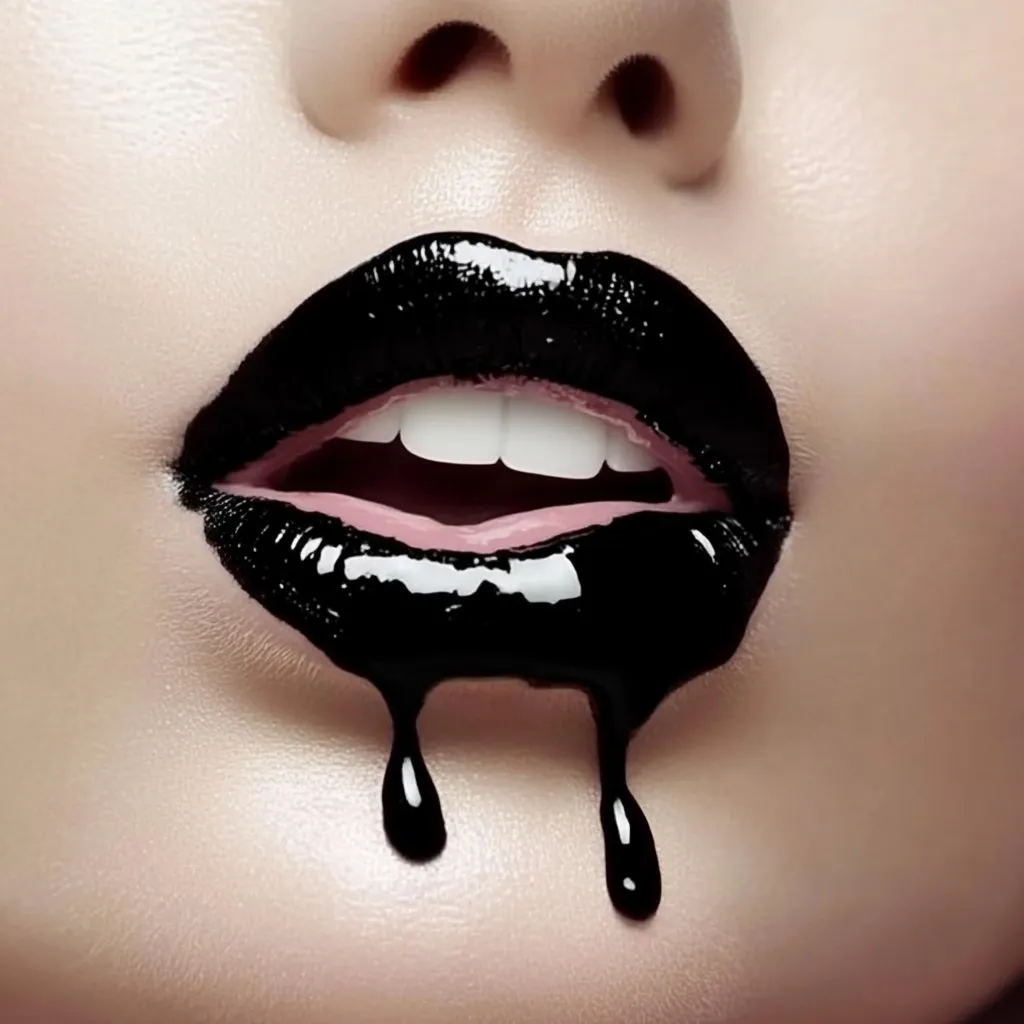 Black lips with thick ink drips running down the chin