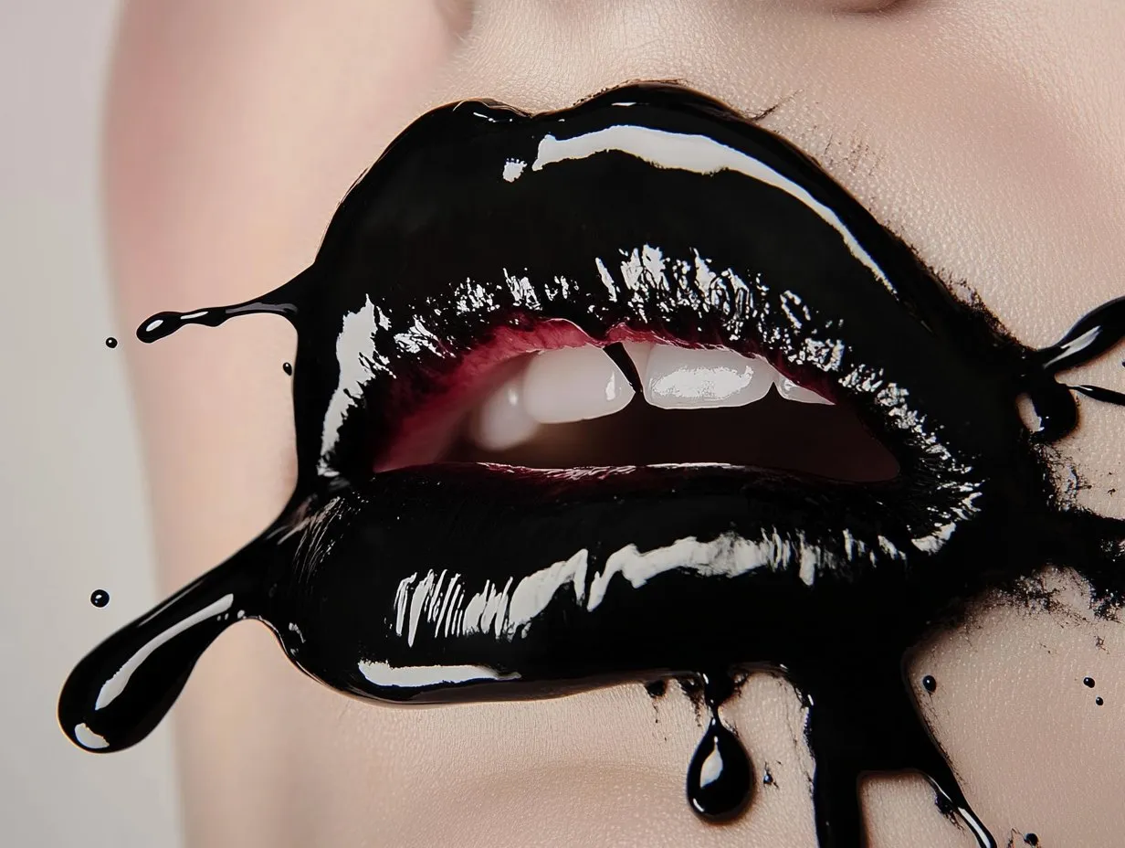Glossy black lips splashed with ink
